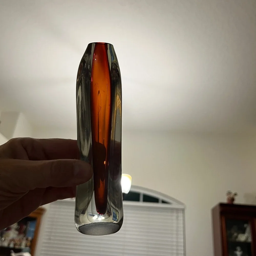 Janet Kelman 1980 Signed Studio Art Glass Bud Vase Amber Sommerso Encased Clear